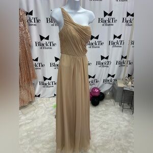 Tan Ruched Asymmetrical One-Shoulder Gown